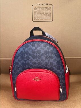 Coach Navy Signature Backpack with Red Trim